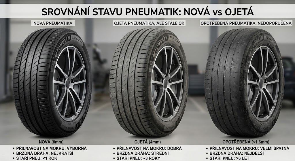 Vizuální porovnání hloubky dezénu - nová, ojetá a nepoužitelná sjetá pneumatika