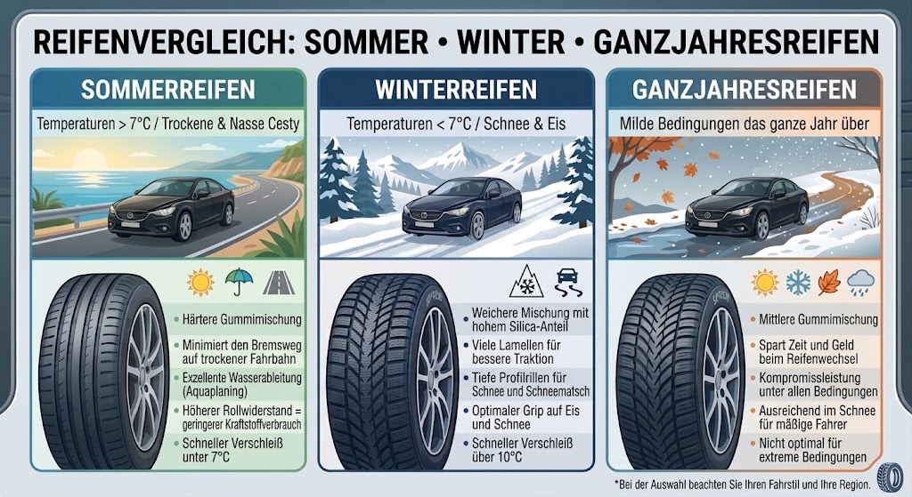 Reifenvergleich Sommer, Winter und Ganzjahresreifen