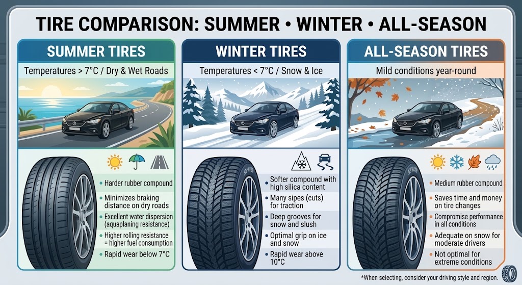 Comparison of summer, winter and all-season tires